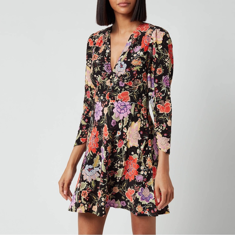 Rixo NWT Black Floral Long Sleeve Mini Dress 2 XXS Buttons Sold out Boho